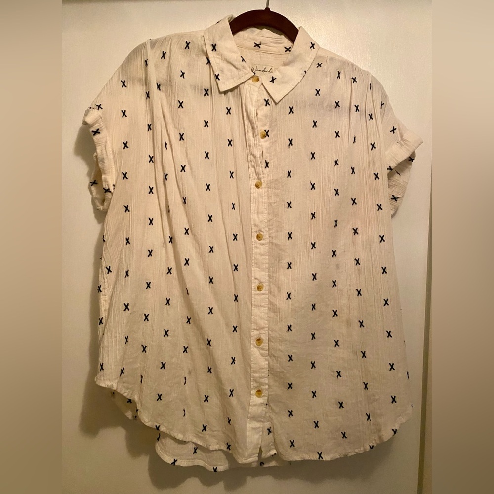 NBW Wonderly Cream Button-Down Shirt with Black X Pattern